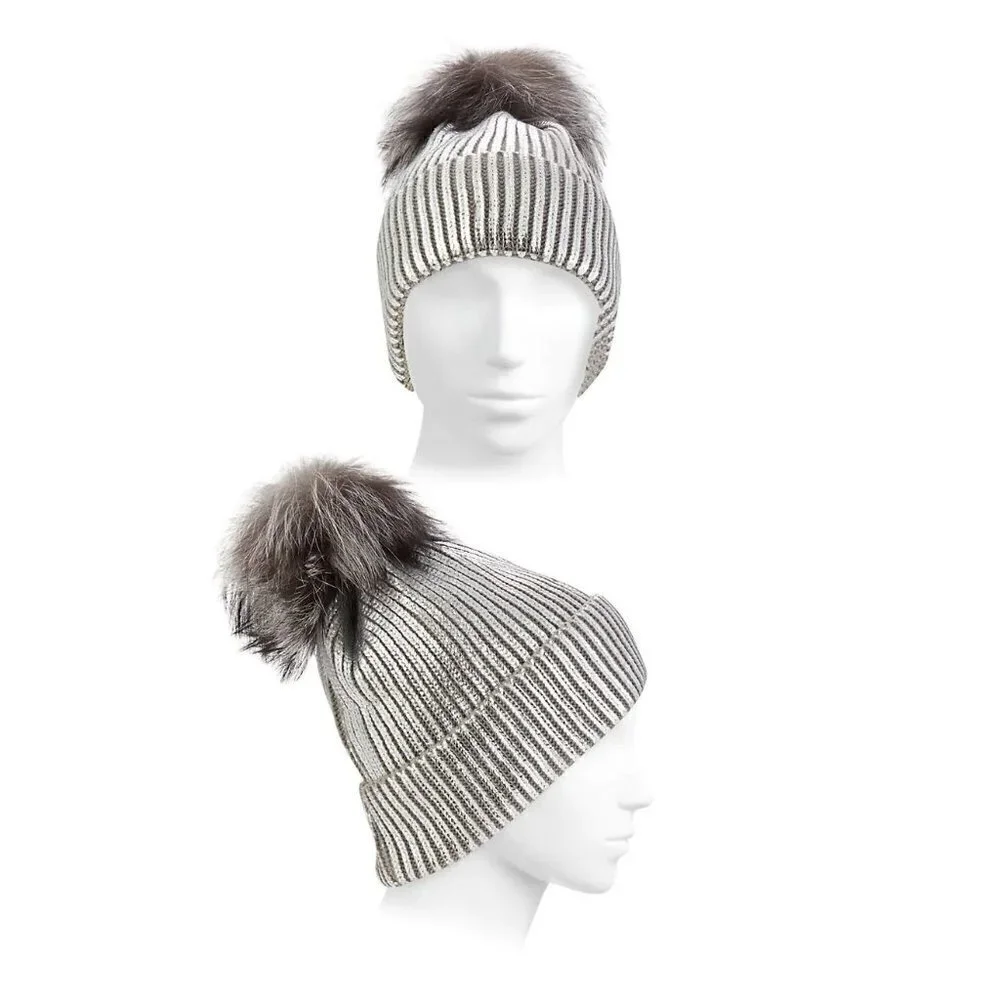 New - ADRIENNE LANDAU Fox Fur Pom-Pom Metallic Beanie Silver Hat